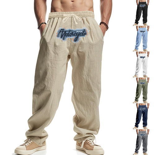 Herren Locker sitzende Leinenoptik-Relaxhose mit elastischem Bund, Kordelzug & Frontprint – Sorevano