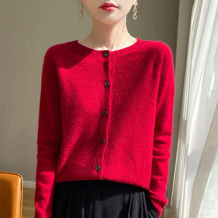 Damen Kurzgeschnittener Feinstrick-Cardigan mit Rundhalsausschnitt und schimmernder Knopfleiste Echoarchiv