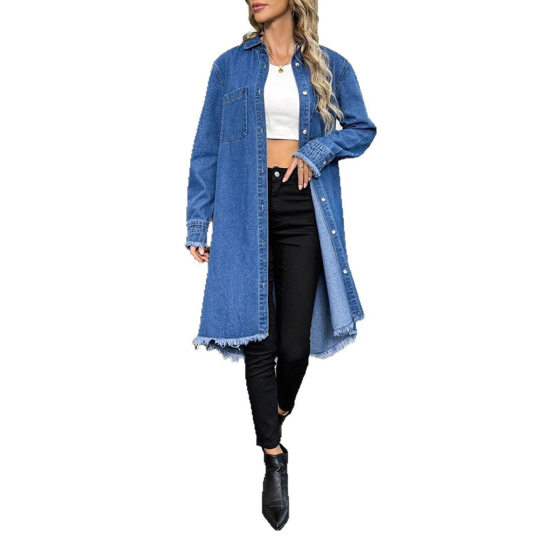 Damen Oversize Denim-Hemdjacke im Longline-Schnitt mit ausgefranstem Saum Echo Archiv