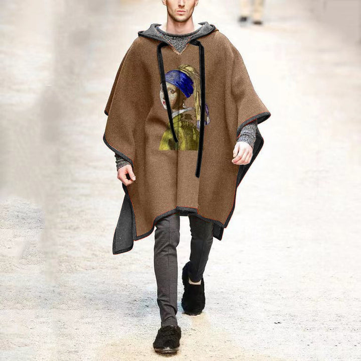 Herren Oversized Kapuzenponcho aus Strick mit geometrischem Mosaikmuster Echoarchiv