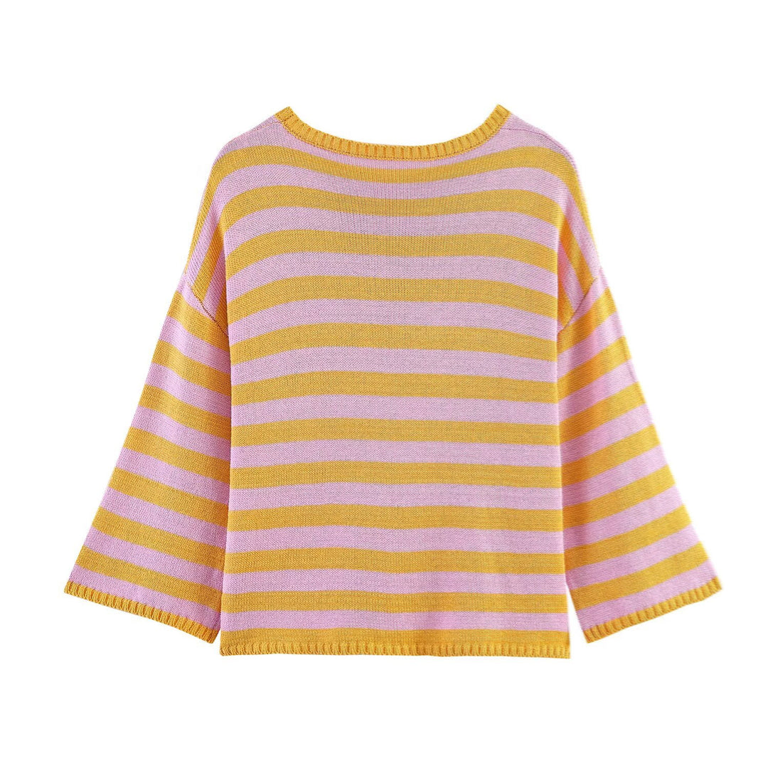 Damen Oversized Gestreifter Feinstrickpullover mit Rundhals und halblangen Ärmeln Echo Archiv