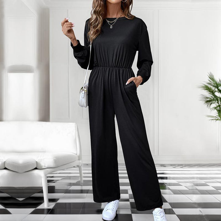 Damen Lässiger Einteiler mit elastischer Taille, Seitentaschen und weitem Bein Echoarchiv
