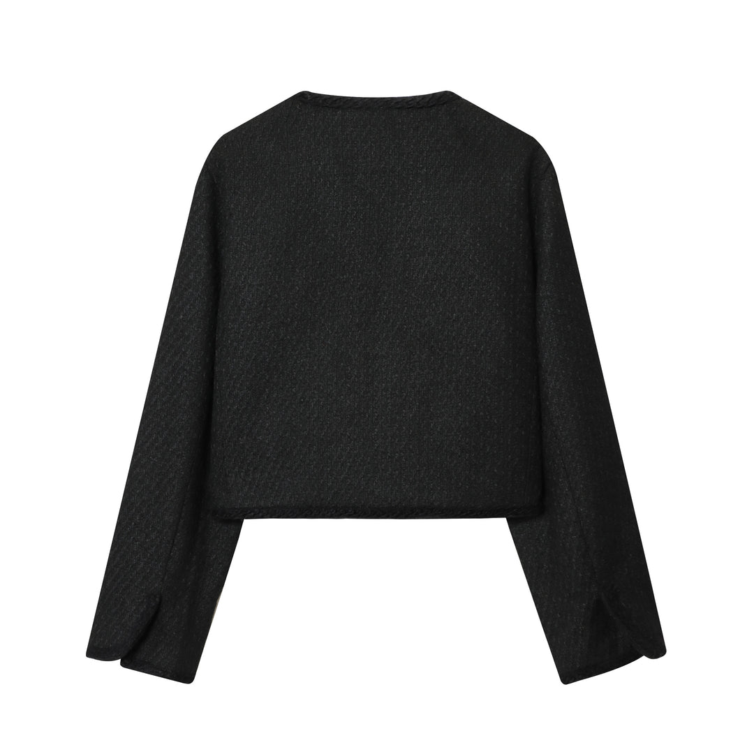 Damen kurz geschnittene Bouclé-Jacke mit geflochtenem Rand und goldenen Zierknöpfen – Célinea