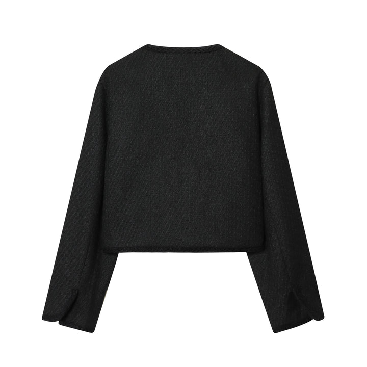 Damen kurz geschnittene Bouclé-Jacke mit geflochtenem Rand und goldenen Zierknöpfen – Célinea