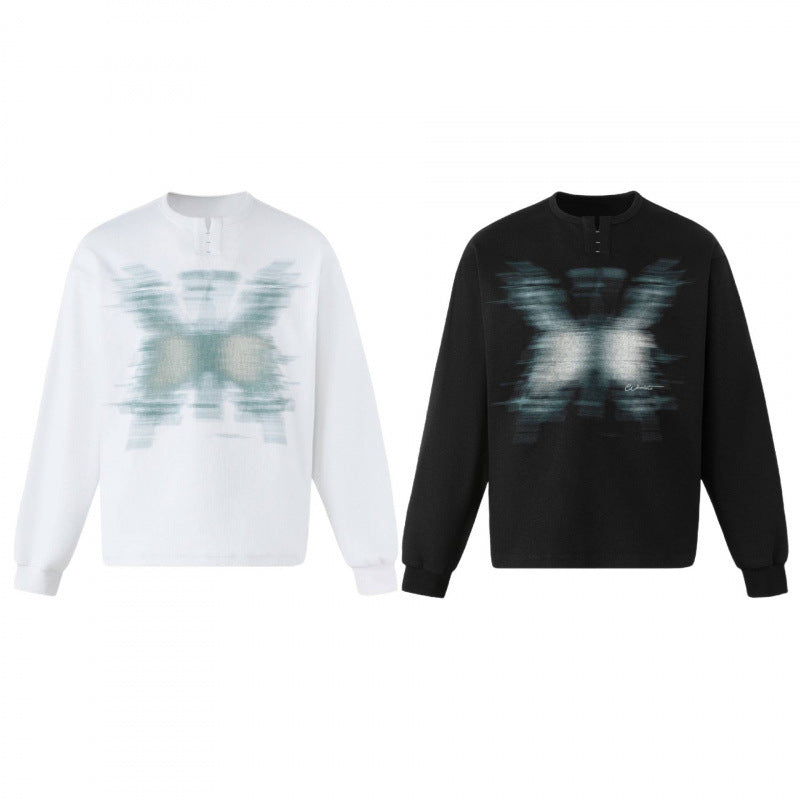 Unisex Oversize-Sweatshirt mit Henley-Ausschnitt und verschwommenem Schmetterlings-Print Echo Archiv