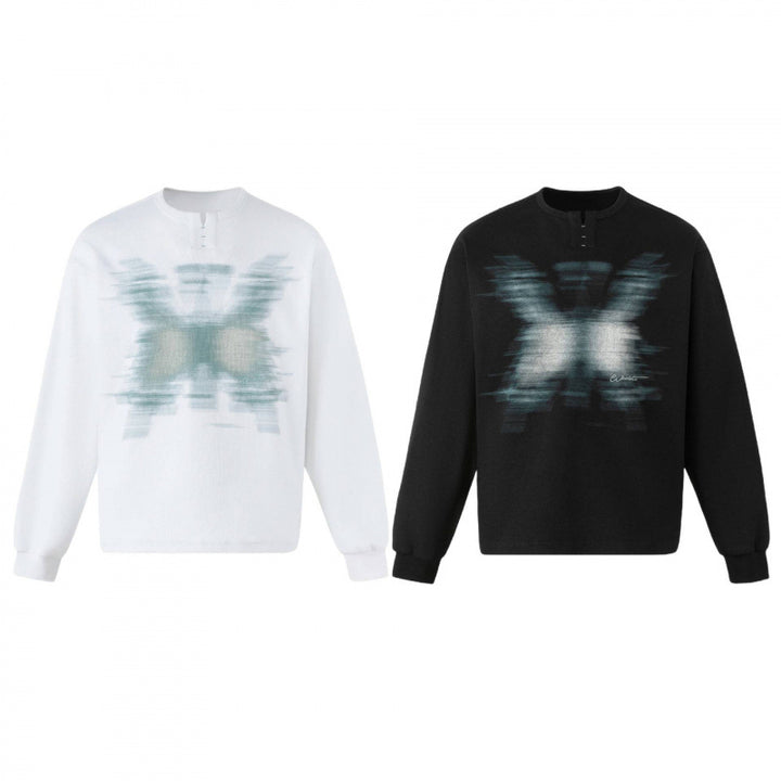 Unisex Oversize-Sweatshirt mit Henley-Ausschnitt und verschwommenem Schmetterlings-Print Echo Archiv