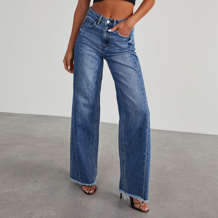 Damen nan hochgeschnittene Wide-Leg-Jeans mit rohem Fransensaum und geradem Bein Echo Archiv
