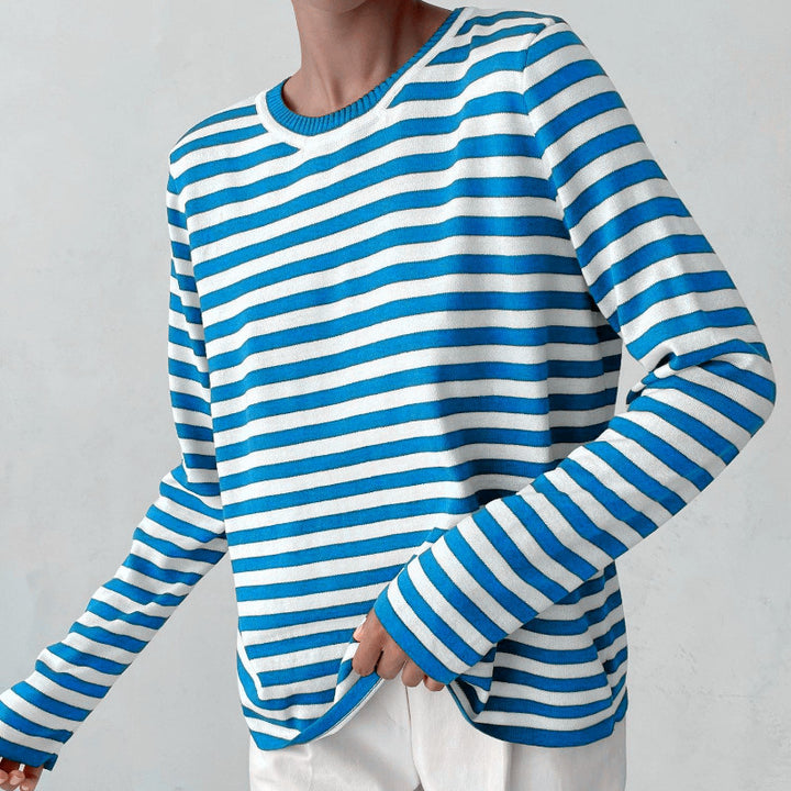 Damen nan gestreifter Baumwollpullover mit Rundhals und legerer Passform Echo Archiv