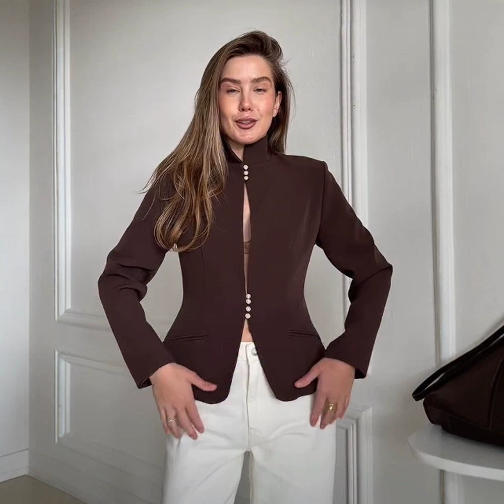 Damen Taillierter Blazer mit Stehkragen und Perlenknopf-Leiste Echoarchiv