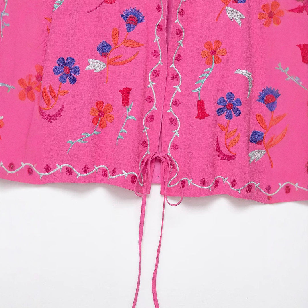 Damen Oversize Leichte Baumwoll-Cardiganjacke mit farbenfroher Blumenstickerei Echoarchiv