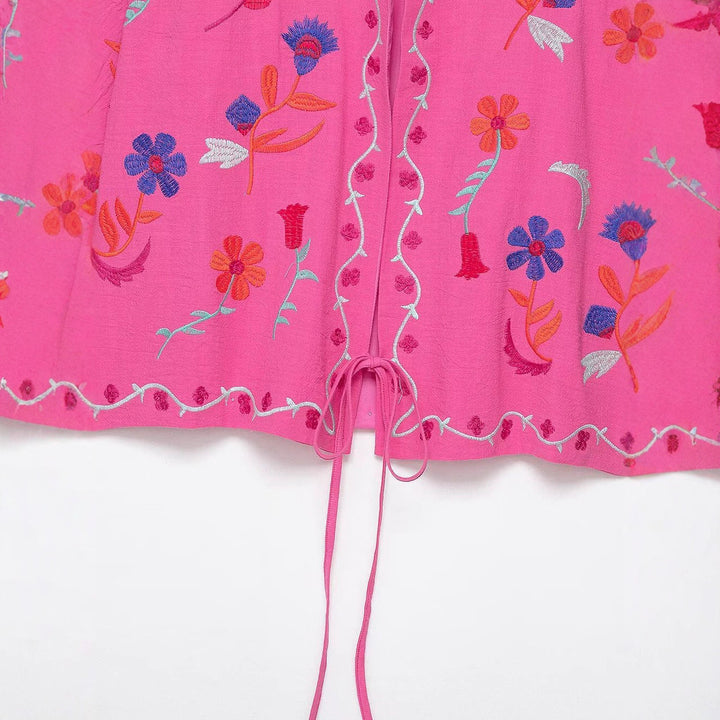 Damen Oversize Leichte Baumwoll-Cardiganjacke mit farbenfroher Blumenstickerei Echoarchiv