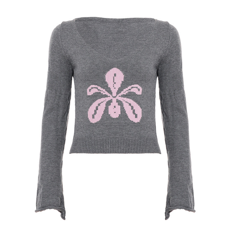 Damen Feinstrick-Pullover mit weitem U-Boot-Ausschnitt, ausgestellten Ärmeln und Intarsia-Blütenmotiv – Mavelle