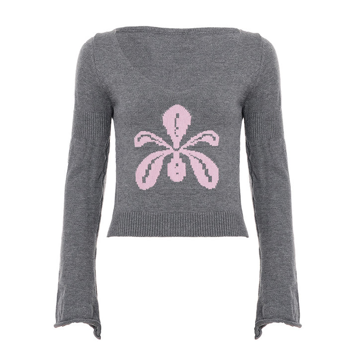 Damen Feinstrick-Pullover mit weitem U-Boot-Ausschnitt, ausgestellten Ärmeln und Intarsia-Blütenmotiv – Mavelle
