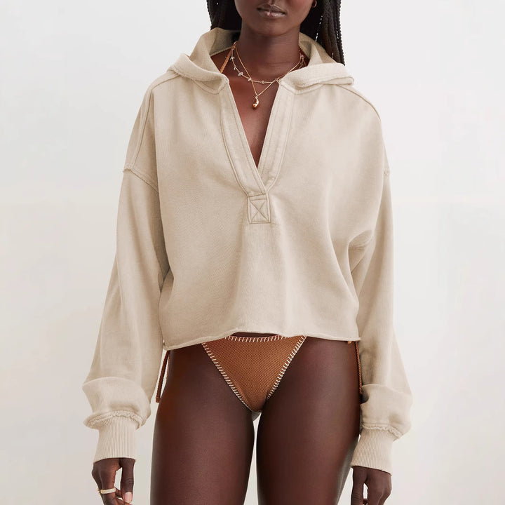 Damen Oversize Kapuzenpullover mit tiefem V-Ausschnitt, offener Knopfleiste und rohem Saum – Auréline