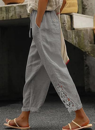 Damen luftige Leinenhose mit dekorativen Stickereien Echoarchiv