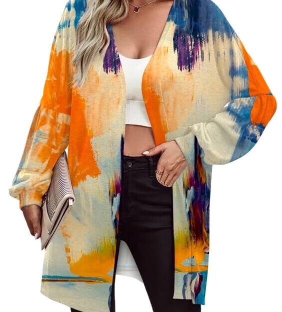 Damen Leichter Offener Longcardigan mit Federmotiv und Oversize-Ärmeln – Veloura