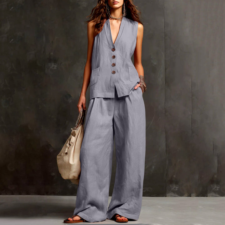 Damen Ärmelloses Longline-Westen und Palazzo-Hosen Set aus Leinenoptik – Célinea