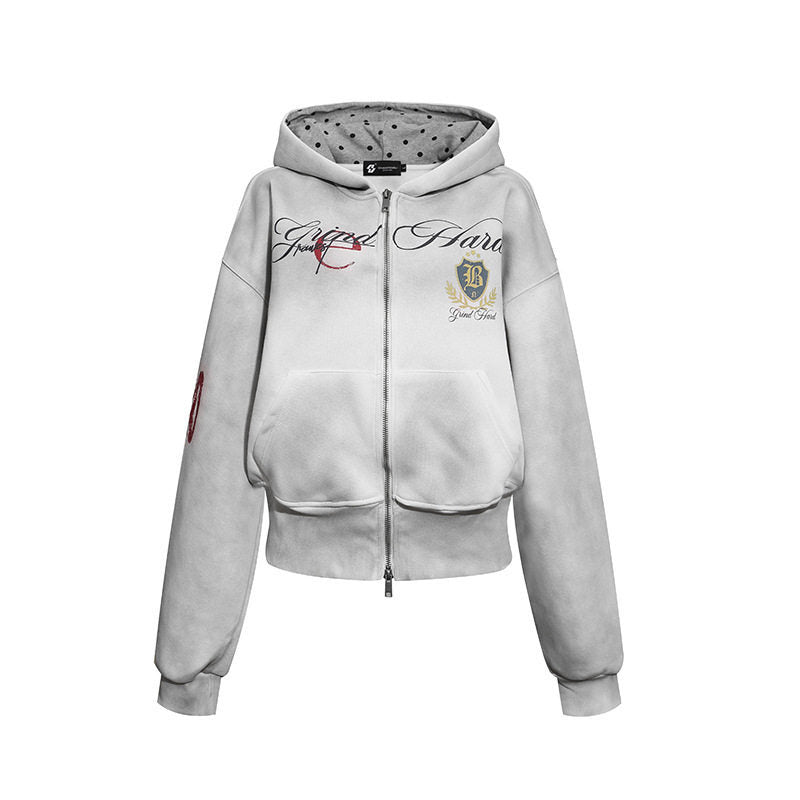 Damen Kurz geschnittene Zip-Hoodie aus French Terry mit gepunkteter Kapuzenfütterung und Wappen-Stick Echoarchiv