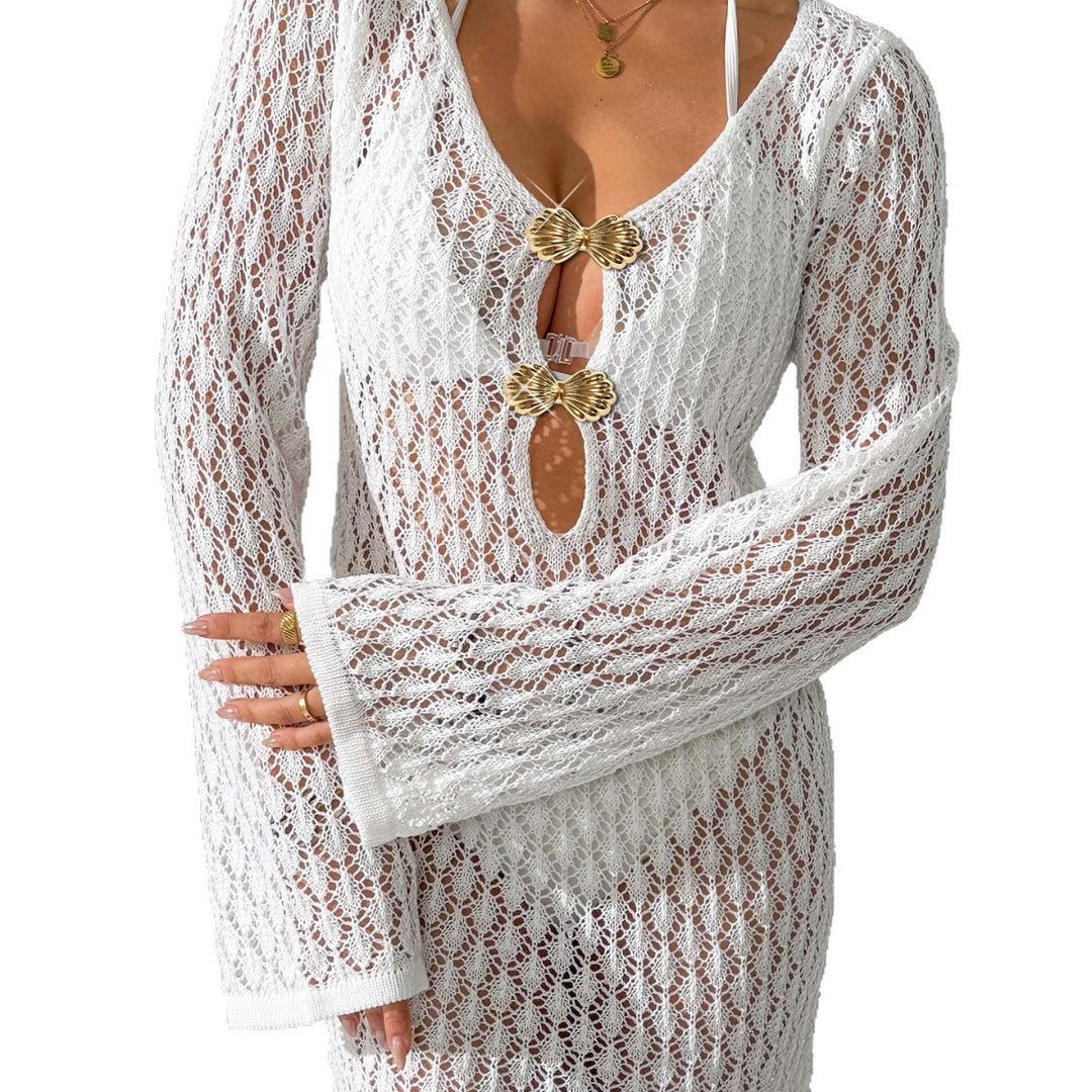 Damen Häkel-Strandkleid mit tiefem V-Ausschnitt und eleganten Knöpfen Echo Archiv