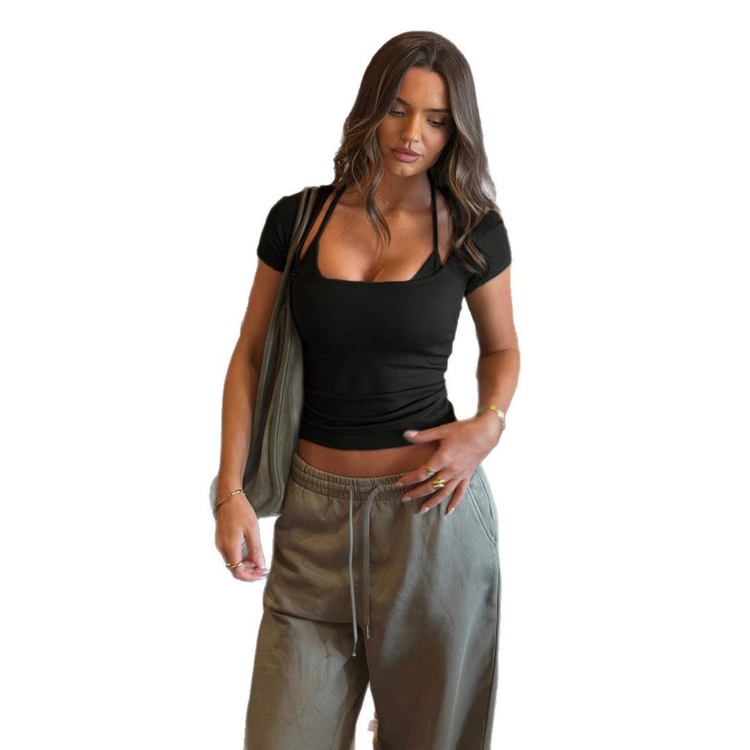 Damen nan figurbetontes Langarm-Top mit Neckholder-Bindung und eckigem Ausschnitt Echo Archiv