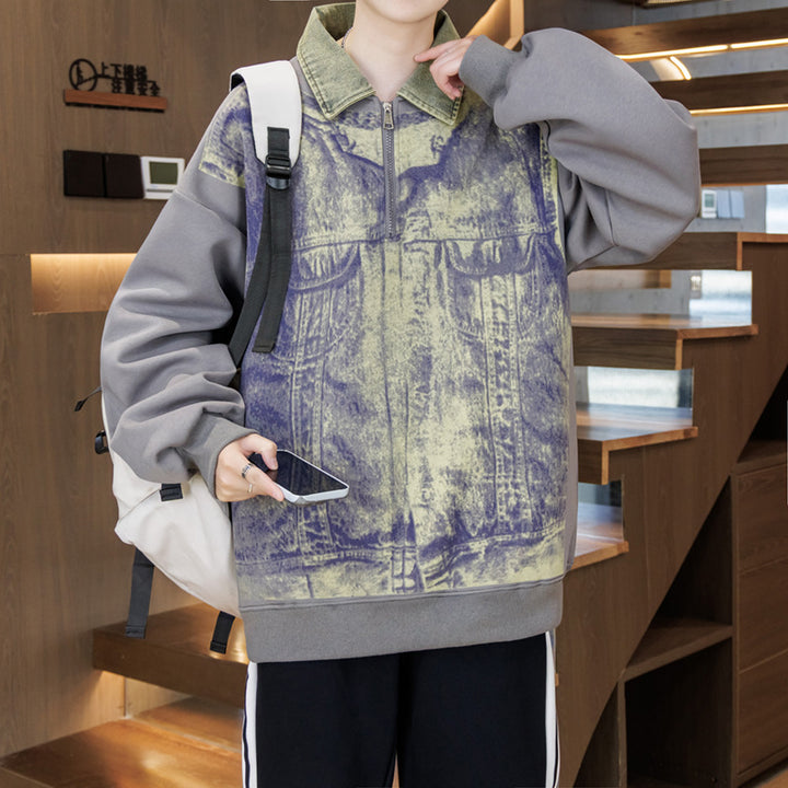 Unisex Oversized Sweatshirt mit blauem Denim-Design und Stehkragen Echoarchiv