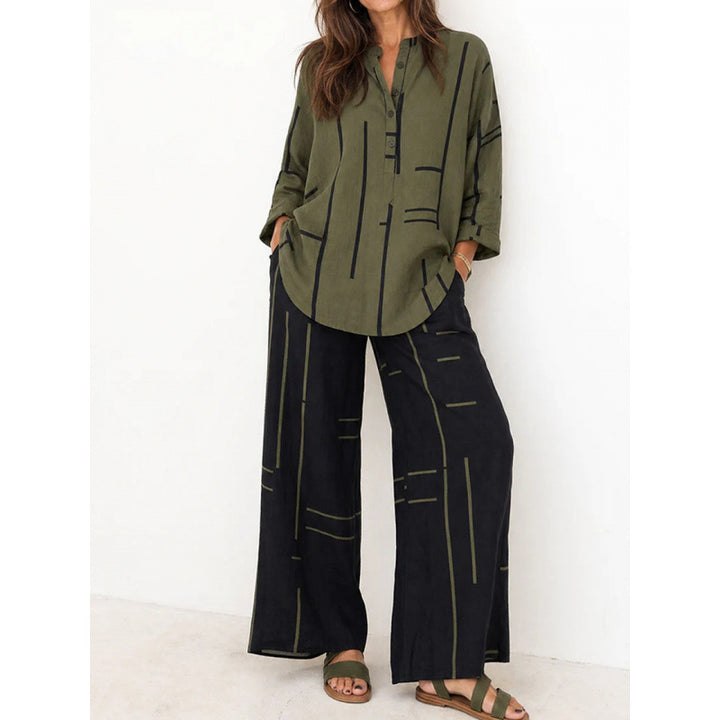 Damen Oversize-Tunika und weite Palazzohose mit grafischem Streifenprint und Henley-Kragen – Élanora