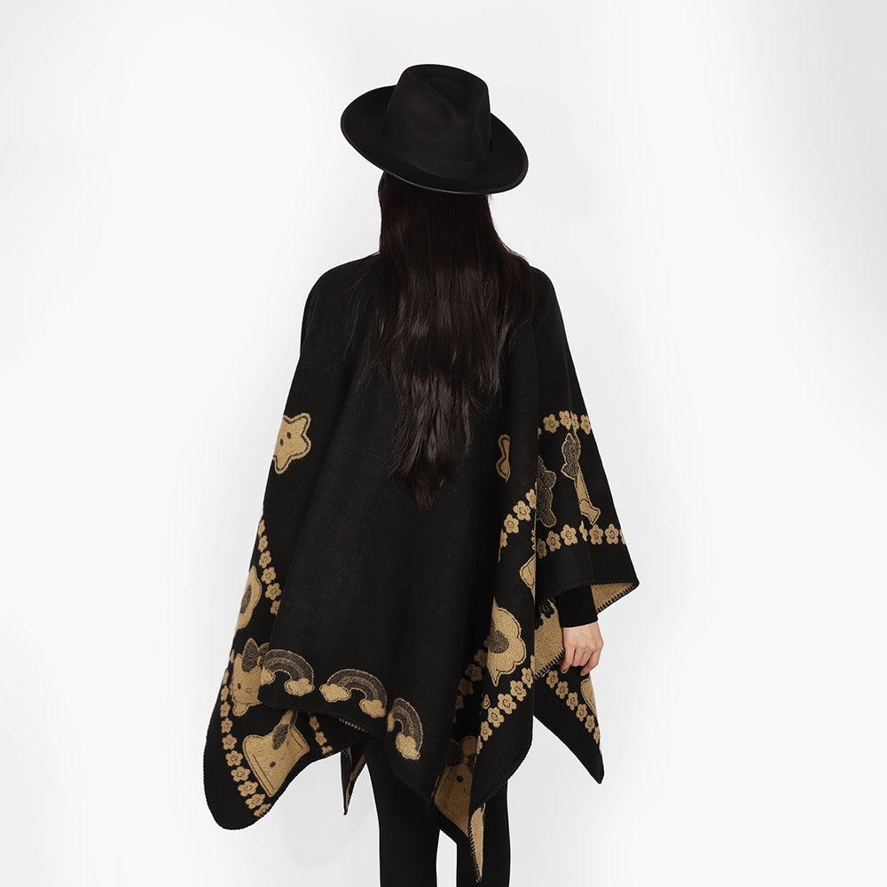 Damen Oversize-Poncho mit Jacquard‑Tiermotiv und asymmetrischem Zipfelsaum Echo Archiv