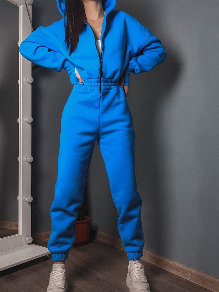 Damen Taillierter Kapuzen-Sweat-Jumpsuit mit Reißverschluss und elastischem Taillenbund – Solévia