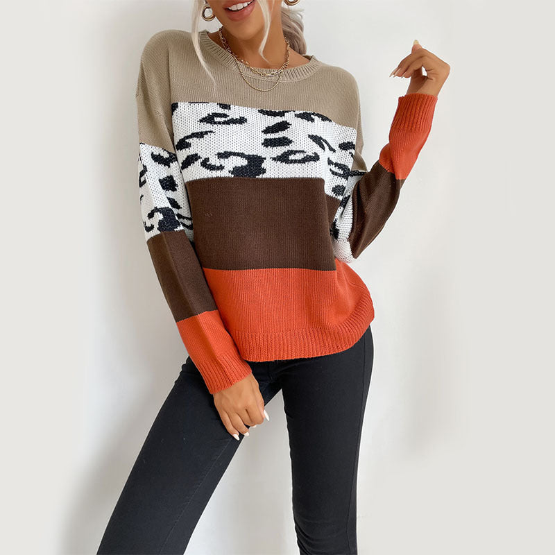 Damen Colorblock Strickpullover mit Leopardenprint-Einsatz und lässiger Oversize-Passform Echoarchiv
