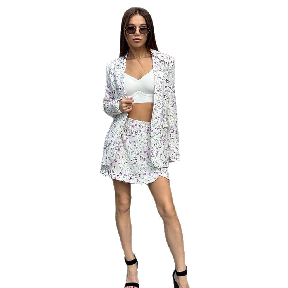 Damen Florales Blazer- und Minirock-Set aus strukturierter Baumwollmischung Echoarchiv