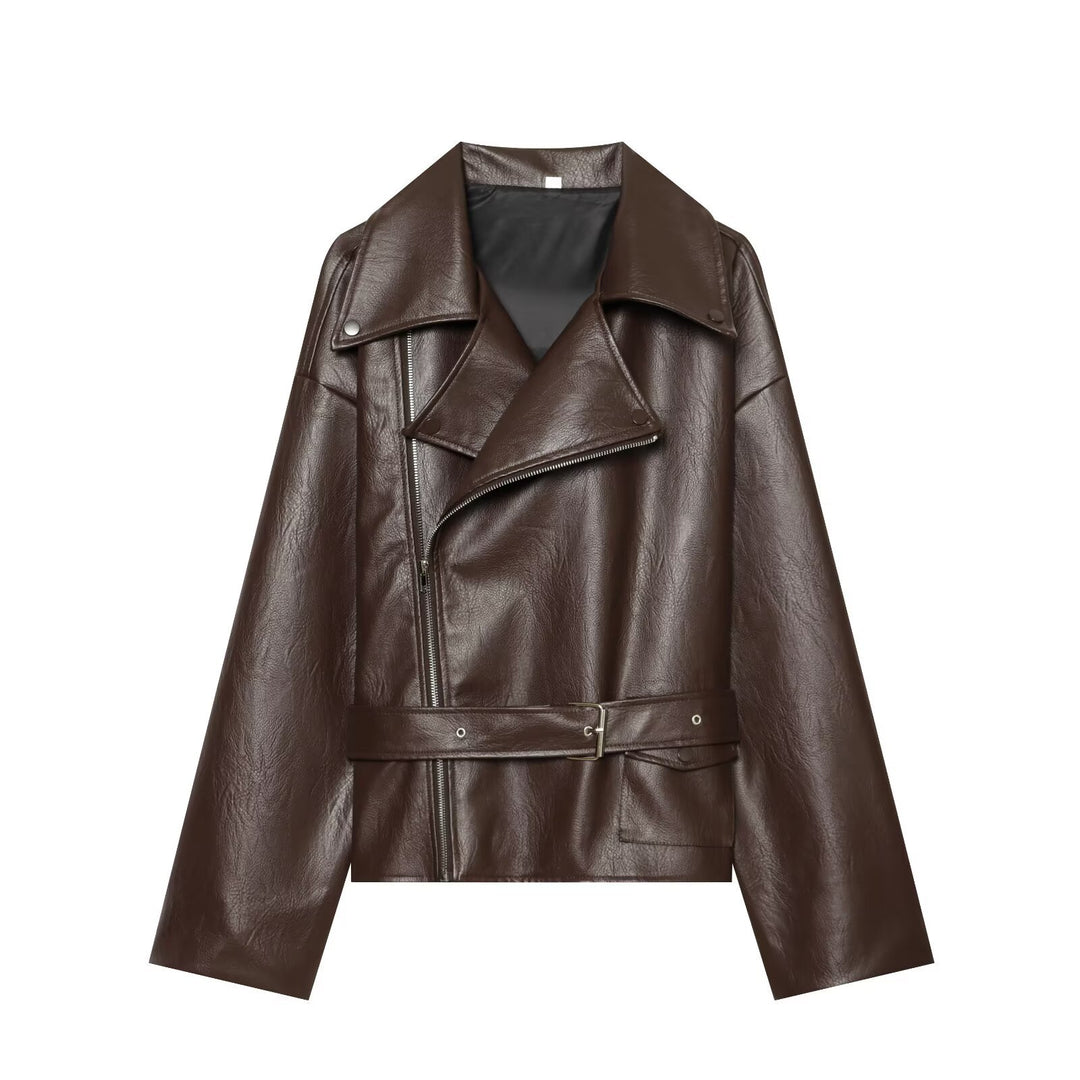 Damen Oversized Bikerjacke aus Kunstleder mit taillierendem Gürtel und asymmetrischem Reißverschluss Echo Archiv