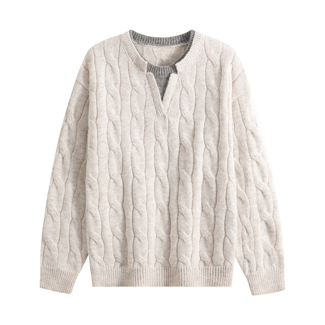 Damen Oversize Zopfmuster-Pullover mit V‑Schlitzkragen Echoarchiv
