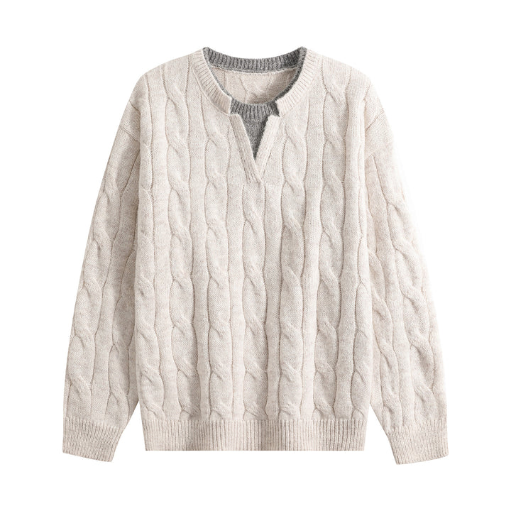 Damen Oversize Zopfmuster-Pullover mit V‑Schlitzkragen Echoarchiv