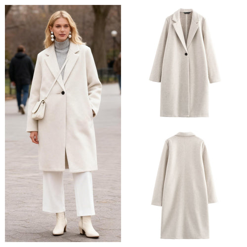 Damen Puristischer Longline-Mantel mit Reverskragen, Ein-Knopf‑Verschluss und weichem Filzfinish Echo Archiv