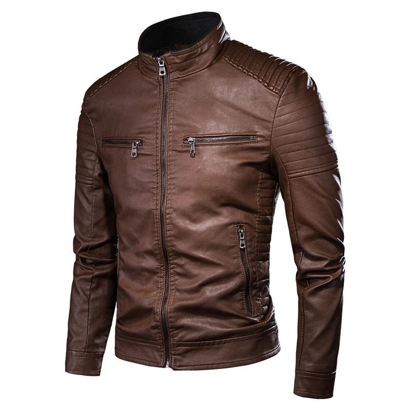 Herren Slim-Fit Biker-Lederjacke mit Stehkragen und gesteppter Schulterpartie Echoarchiv