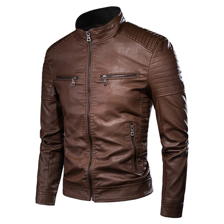 Herren Slim-Fit Biker-Lederjacke mit Stehkragen und gesteppter Schulterpartie Echoarchiv