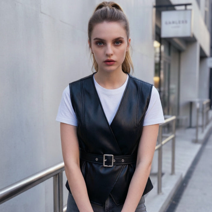 Damen Elegante Lederweste mit Taillengürtel Echo Archiv