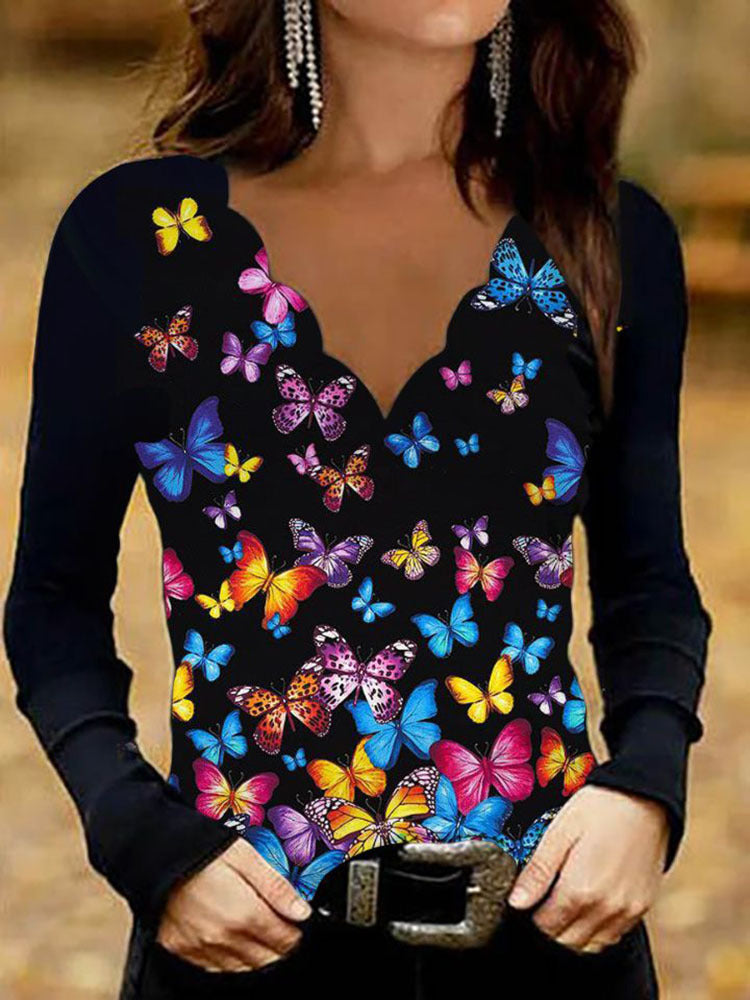 Damen Glitzer-Intarsien Langarmshirt mit V-Ausschnitt und Schmuckstein-Effekt – Maréline