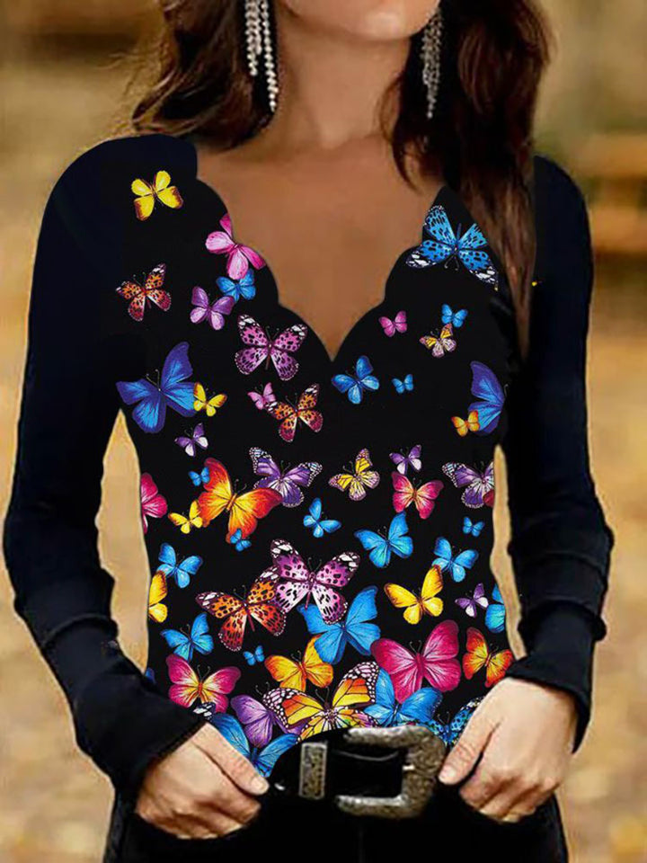 Damen Glitzer-Intarsien Langarmshirt mit V-Ausschnitt und Schmuckstein-Effekt – Maréline