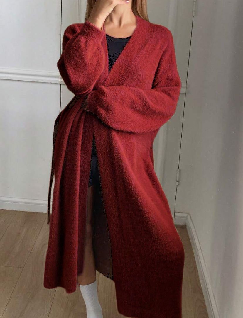 Damen Langer Wickel-Cardigan in Flausch-Optik mit Bindegürtel – Veloura
