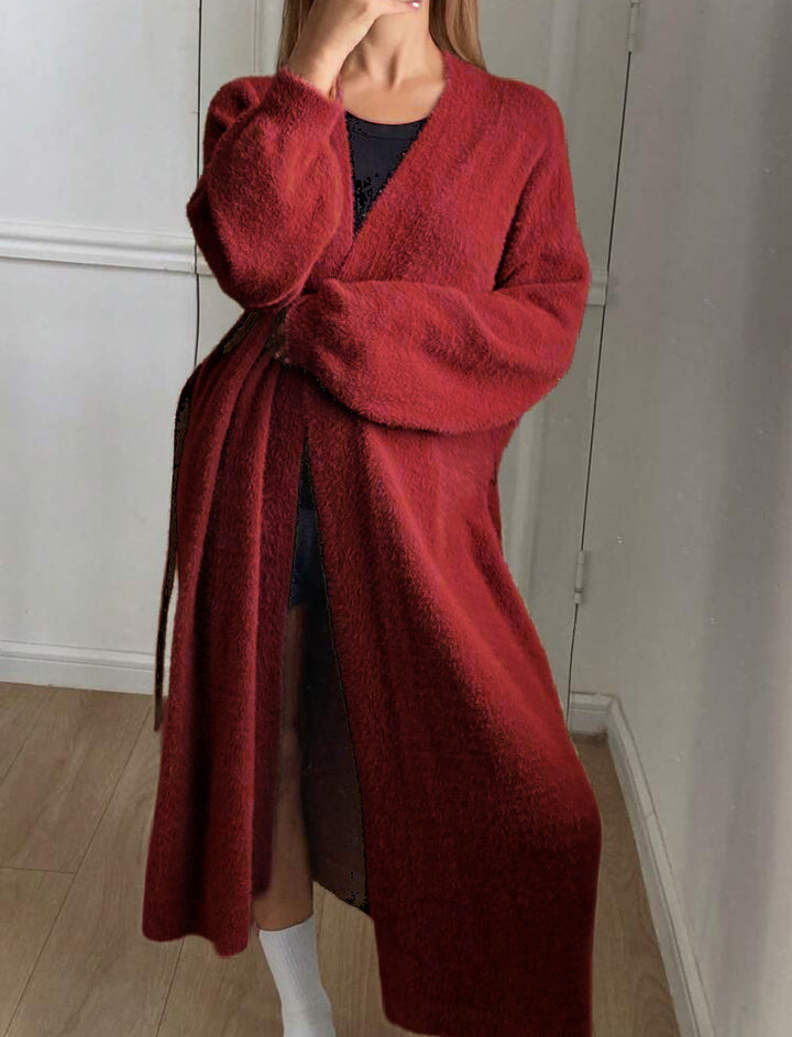 Damen Langer Wickel-Cardigan in Flausch-Optik mit Bindegürtel – Veloura