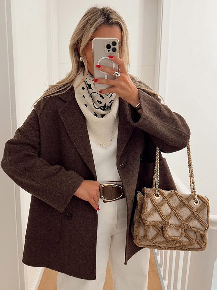 Damen Boxy-Wollmix-Cocoon-Jacke mit doppelreihiger Knopfleiste und weitem Revers Echoarchiv