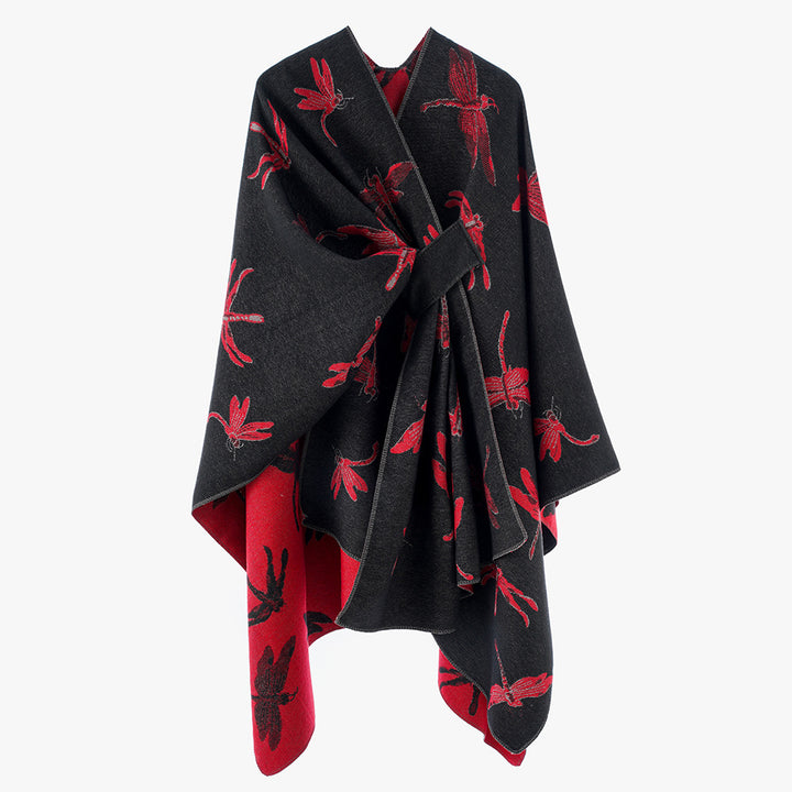 Damen Kaschmirähnlicher Jacquard‑Cape mit Libellen‑Motiv und Bindegürtel – Avérine