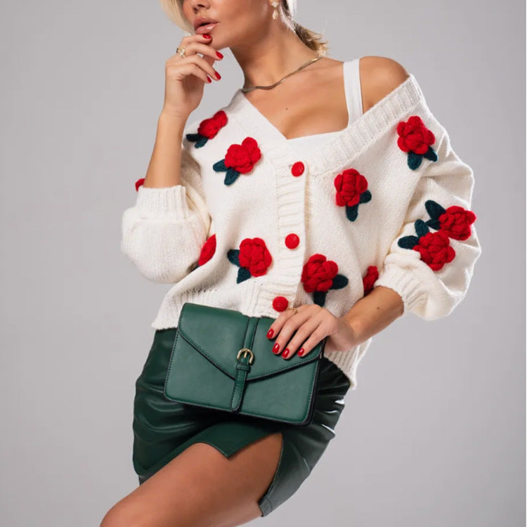 Damen Geblümter Strick-Cardigan mit 3D-Blumenapplikationen und V-Ausschnitt – Veloura
