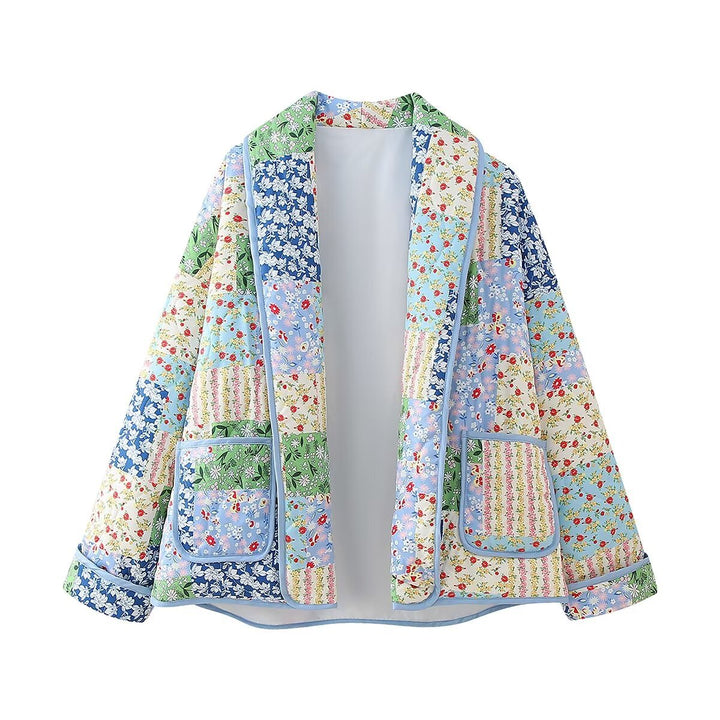 Damen nan gesteppte Patchwork-Quiltjacke mit Reverskragen und aufgesetzten Taschen Echo Archiv