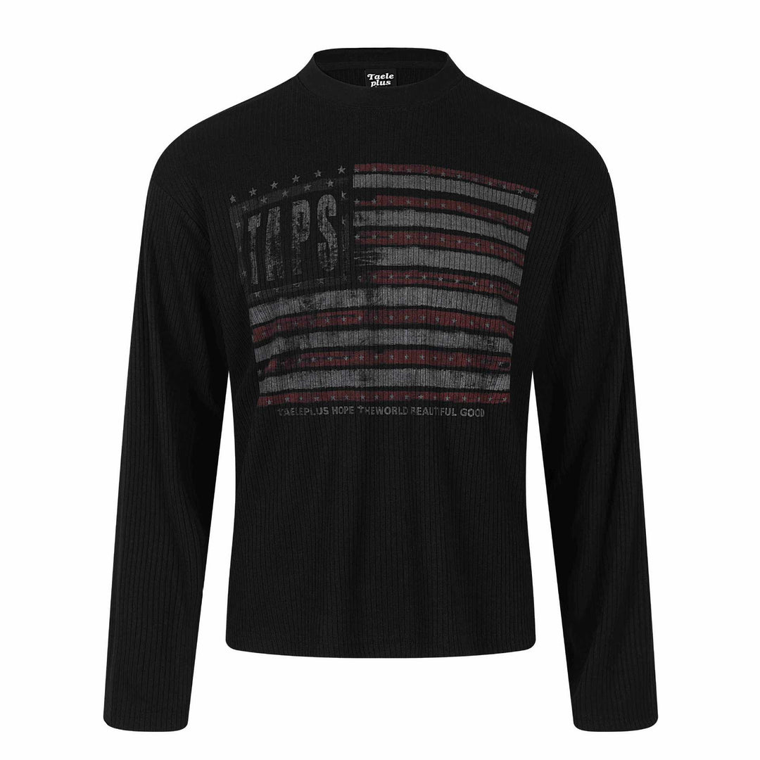 Unisex Gerippter Langarmpullover mit Troyerkragen und Vintage-Flaggenprint Echoarchiv
