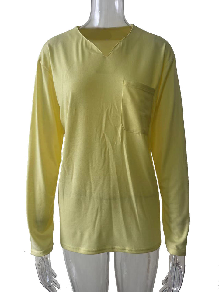 Damen nan legeres Langarmshirt mit V-Notch-Ausschnitt, Brusttasche und lockerer Oversize-Passform Echo Archiv