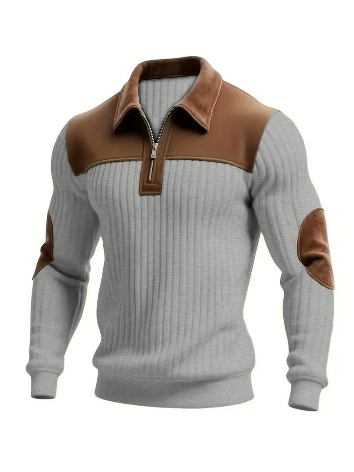 Herren nan gerippter Halbzip-Pullover mit kontrastierenden Lederapplikationen an Schultern und Ellenbogen Echo Archiv