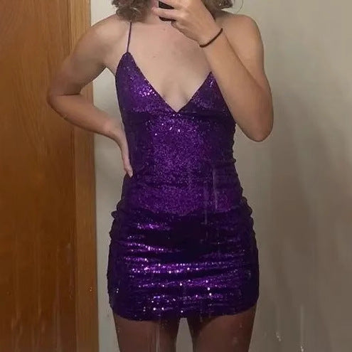 Damen Glitzerndes Minikleid mit tiefem V-Ausschnitt und Spaghettiträgern Echo Archiv