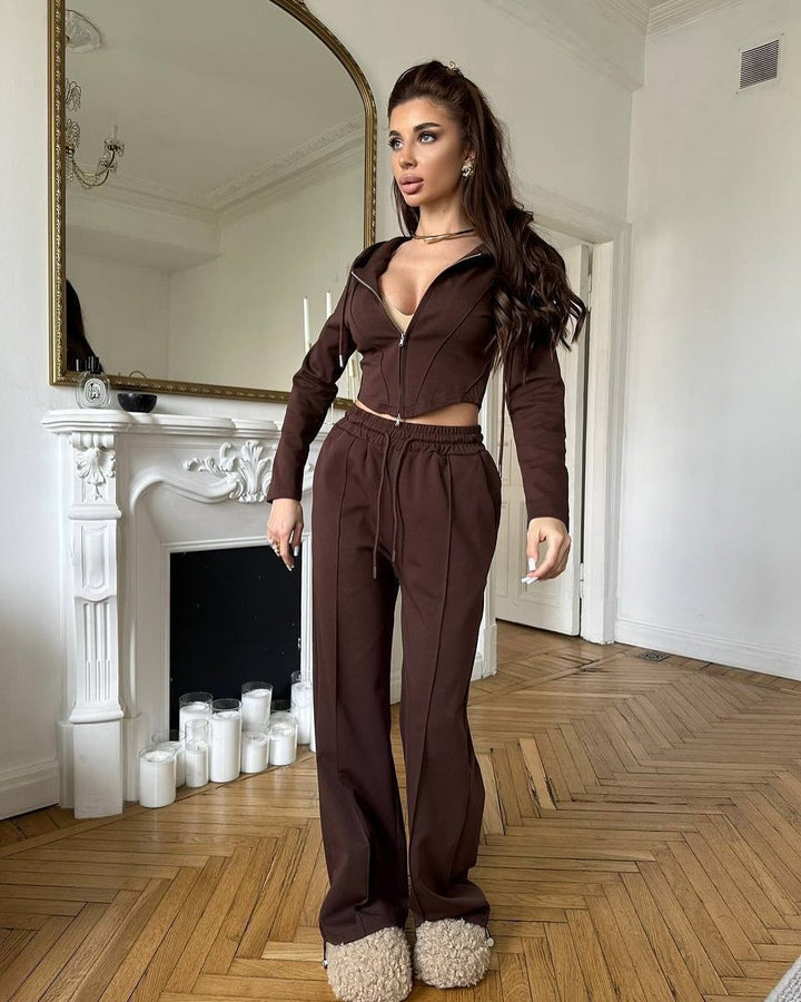 Damen tailliertes Cropped-Kapuzensweatshirt mit verdecktem Reißverschluss und High-Waist Wide-Leg Jogginghose Set – Auréline